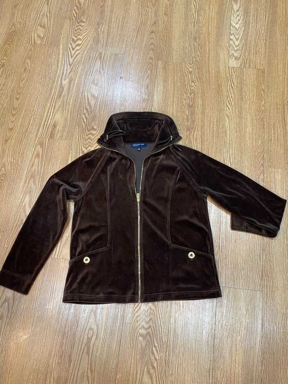 Y2K Jones NY Brown Velour Gold Zip Up Sweatshirt Size Large